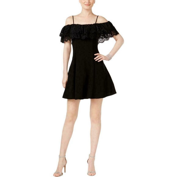 Betsy & Adam Gorgeous Black Off The Shoulder Fit & Flare Lace Trim Dress Size 8 - Picture 2 of 12